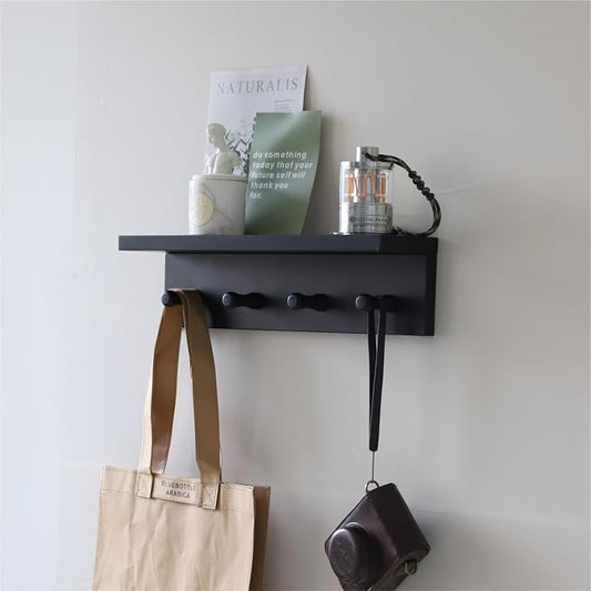 Entrance Coat Rack ，Coat Hooks, Wall-Mounted Wooden Hook Rack, Wall-Mounted Shelves are Very Suitable (Black Color Finish—A-1)