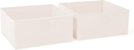 RiverRidge Folding Storage Bins - 2-pack of 5in Tall Cream Cubes | Fabric Bins, Set of 2 Storage Cubes, Pull-tab Handles, Playroom Closet Organizer, Collapsible Cubby with Bottom Board Insert