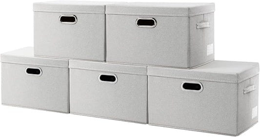PRANDOM Collapsible Storage Bin with Lid [5-Pack] Fabric Foldable Storage Box Organizer Container Basket Cube with Cover for Home Bedroom Closet Office Beige(15.3x10x9.7)