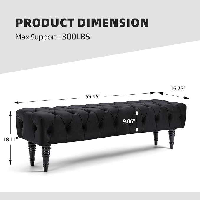 Upholstered Tufted Accent Bench, Linen Fabric Entryway Bench with Solid Wood Leg, Large Rectangular Foyer Bench for Front Door, Black