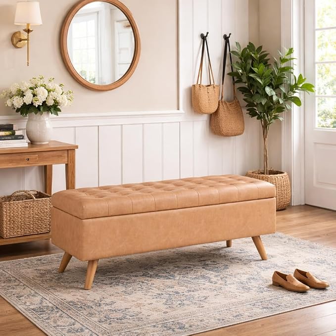 HomePop 48" Modern Tufted Storage Bench - Sand Faux Leather