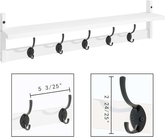 BAMEOS Wall-Mounted Wood Shelf with 5 Dual Hooks for Bathroom, Living Room, Bedroom (White-with Shelf)