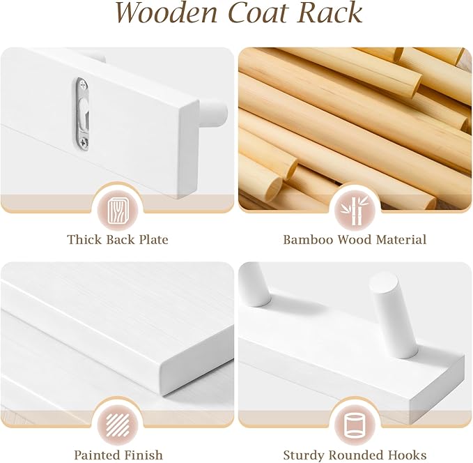 Coat Rack Wall Mount, Wooden Coat Hanger, White, 1 Pcs | Heavy Duty, 5 Sturdy Rounded Hooks, Bamboo Wood Material, for Entryway, Doorway, Living Room, Kid's room, Living Room, Closet