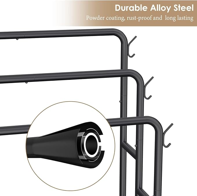 Kayfia 40'' Freestanding 3 Tier Metal Towel Rack, 2 Baskets & 6 Hooks | Dual-Use Drying & Display Rack, Holds Oversized Bath Towels & Blankets, fits Indoor, Bathroom, Bedroom & Outdoor, Black