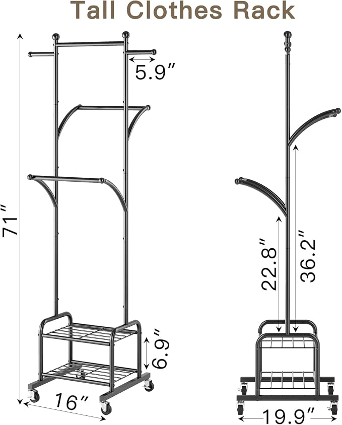 Rolling Clothes Rack with 2 Shelves, Small Metal Clothing Rack with Wheels | Gasvadivum 71" Tall Sturdy Garment Rack with 3 Hanging Rods, Freestanding Portable Coat Rack for Bedroom, Entryway, Black