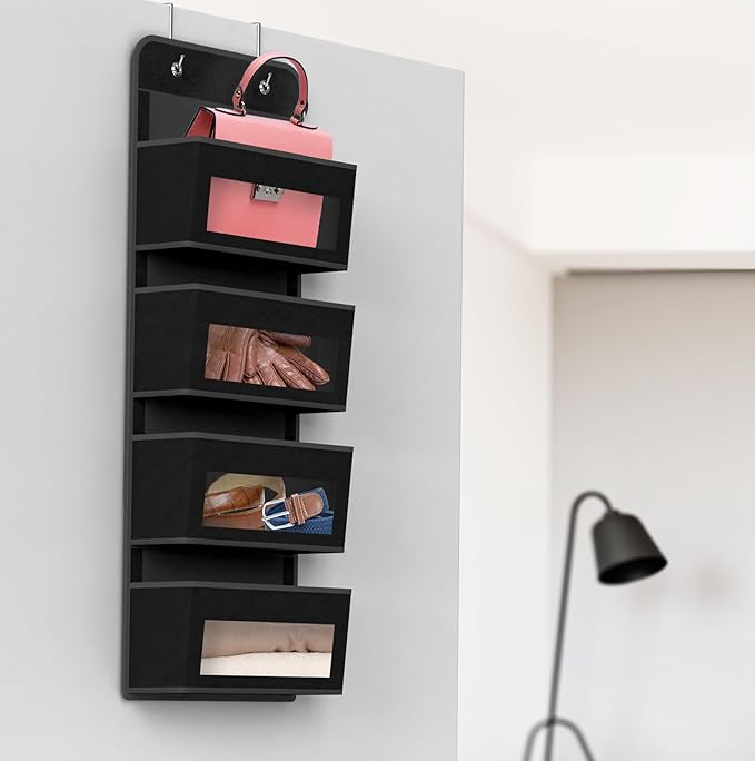 Simple Houseware 4 Clear Window Pocket Over Door Hanging Organizer, Black | Over the Door Storage for Closet, Bedroom, Bathroom, Pantry