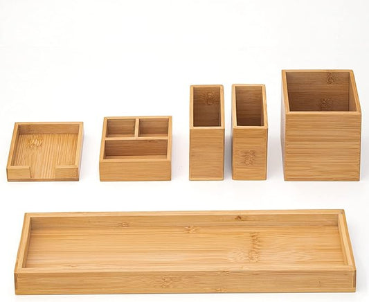 Bamboo Vanity Tray Set, 6-Piece Bathroom Organizer for Small Items | 14.9-Inch Long, Modular 6-Piece Set for Makeup, Jewelry and Small Items on Bathroom, Kitchen or Desk Counters