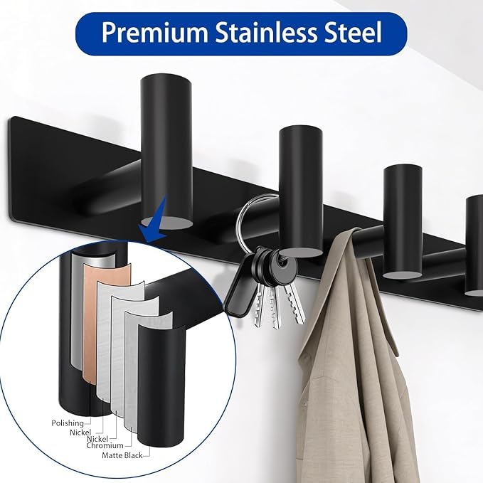 Matte Black Coat Rack Wall Mount - 6 Hooks, Heavy Duty Stainless Steel Wall Hooks for Towels, Coats, Robes, Bags, Hats, Keys, Wall Coat Hanger for Bathroom,Entryway,Kitchen,Hotel,Bedroom,Office, 2Pack
