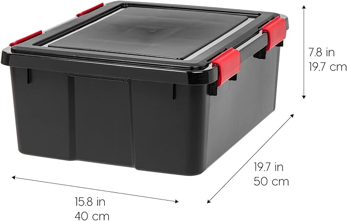 IRIS USA 6-Pack 31 Qt Storage Bins with Gasket Lids, Black/Red | WeatherPro seal protects everyday essentials in closets, offices and laundry rooms