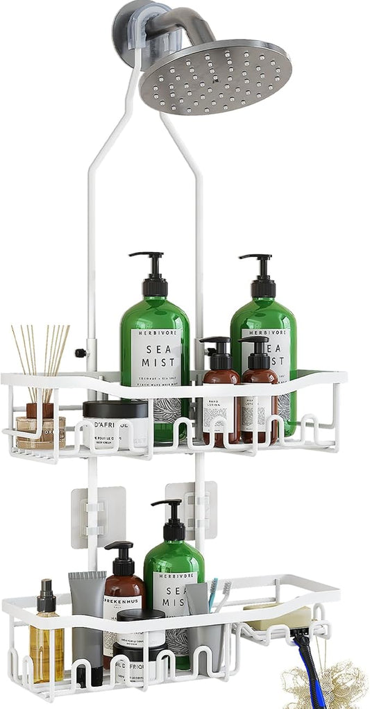 Upgraded Extended Length Shower Organizer with Hooks, Rustproof Shampoo Soap Holder, Large Hanging Bathroom Caddy, White