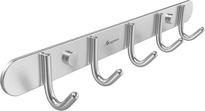 Coat Hook Rail Brushed Nickel 13-inch 5 Hooks Hanger Wall Mounted for Clothes/Key/Towel /304 Stainless Steel/Super Easy Installation/Rust and Water Proof/Perfect Home Storage