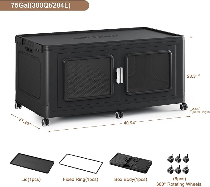 BROVIEW 300 Qt/75 Gal Stackable Storage Bins with Lids, 1 Pack, Black | Large Stackable Storage Boxes w/ 1 Lid Folding Plastic Cart Organizer for Home Kitchen, Open Front Clear Door with Wheels