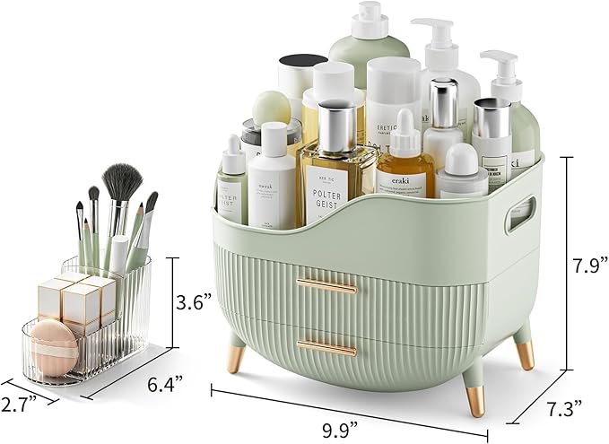 Pajiriona Makeup Organizer with Drawers, Green Skincare Organizer for Vanity, Storage Box with Handle, Large Cosmetic Display Case for Dresser, Bathroom Countertop