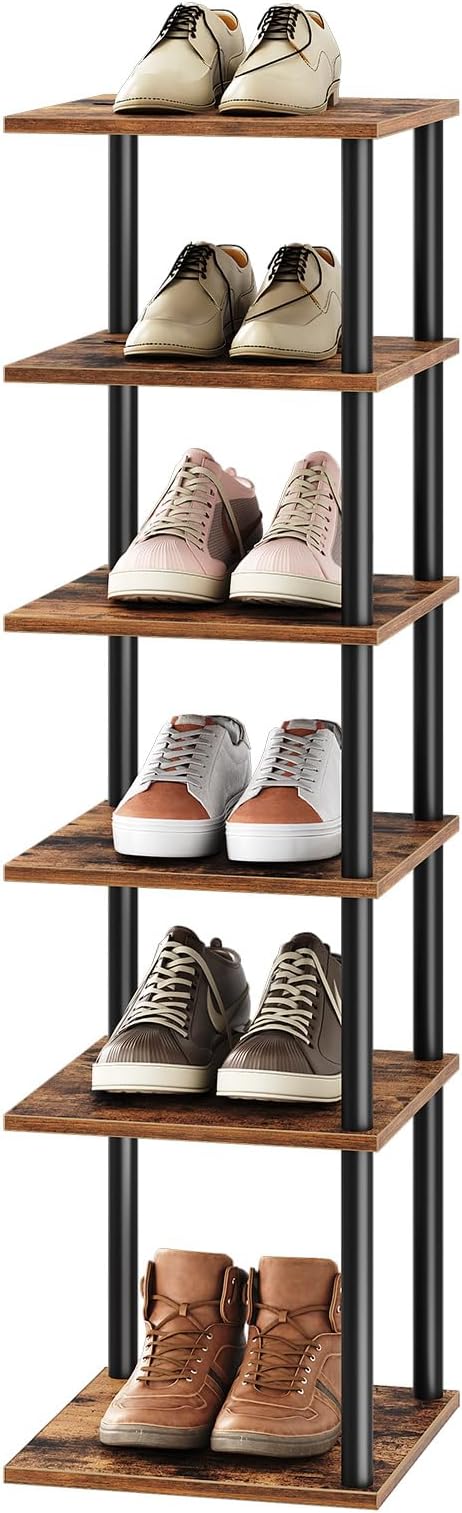 HOOBRO Vertical Shoe Rack, 6-Tier Narrow Shoe Shelf, Shoe Storage Organizer for Small Space, 11" L x 11" W x 39.5" H, Closet, Entryway, Hallway, Bedroom, Rustic Brown and Black BF21XJ01