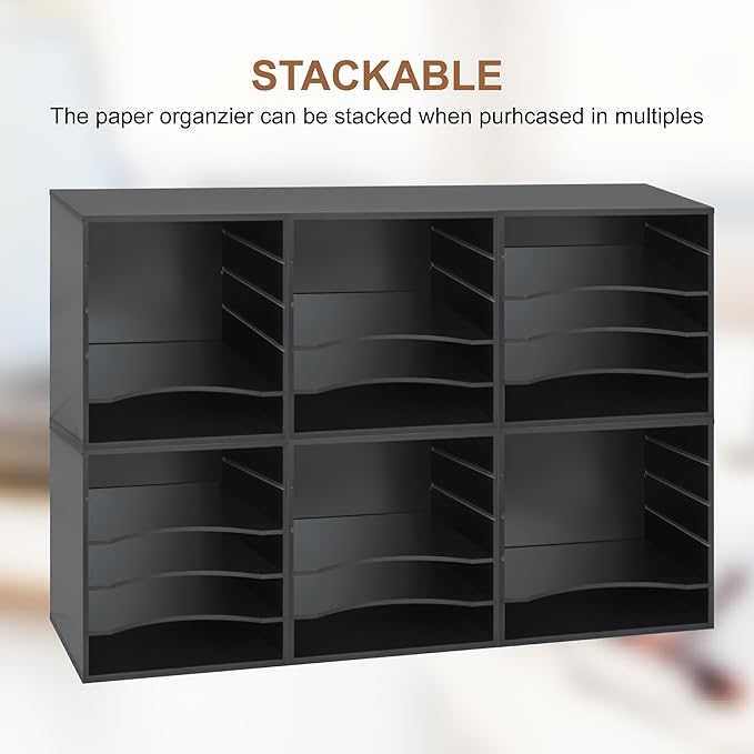 EMERIT 4-Tier Adjustable Paper Organizer, Large Capacity Book Shelf for Textbooks/Magazines/Office Files, Wooden Dividers, 7 lbs per Shelf, Black