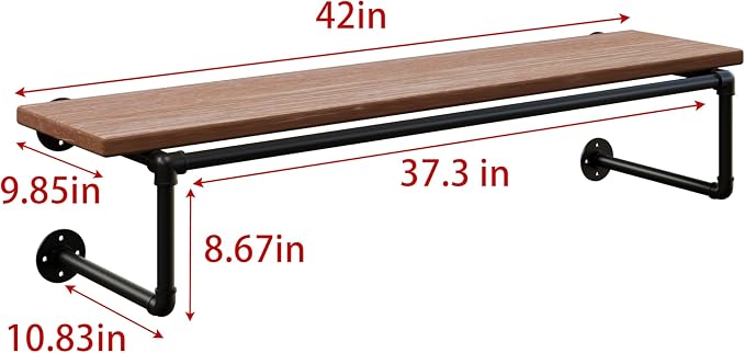 Clothes Rack 42in, Wall Mounted Garment Racks with Real Brown Wood Shelf, Heavy Duty Hanging Clothes Rack, Multi-Purpose Hanging Rod, Space-Saving Closet Storage