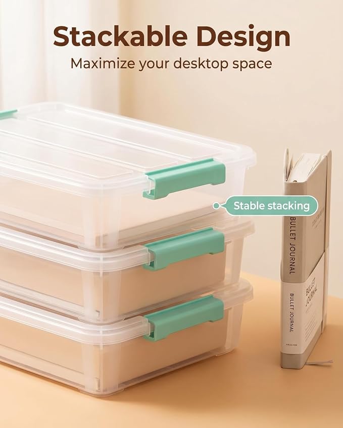 EOENVIVS Clear Storage Boxes with Lids 4 Pack Plastic Sensory Boxes with Secure Latches, Stackable Clear Storage Bins with Lids for Sewing Scrapbook Paper Craft Supplies Household Organizer