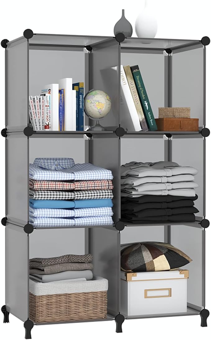 AWTATOS Cube Storage Organizer, Closet Organizers, 6 Cube Shelf, Grey | Portable Closet Storage Shelves, DIY Stackable Storage Cubes Bookshelf, Plastic Clothes Organizer Shelving for Bedroom, Home