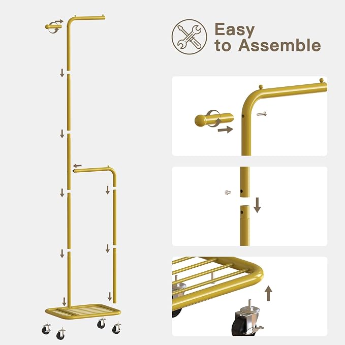 Small Rolling Clothing Rack with Shelf,Narrow Gold Clothes Rack with Wheels | Gasvadivum 71" Tall Sturdy Metal Garment Rack with Hanging Rod, Freestanding Portable Coat Rack for Bedroom, Entryway