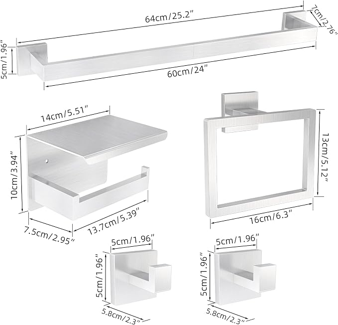 5-Pieces Bathroom Hardware Accessories Set, 24 Inch Stainless Steel Towel Racks for Bathroom, Towel Bar Set Towel Ring Coat Hook and Toilet Paper Holder with Shelf Wall Mounted, Brushed Silver
