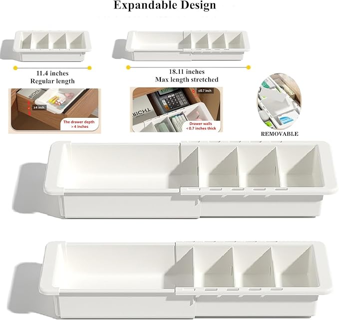 YOOUSOO Expandable Drawer Organizer, 2 PCS Adjustable Drawer Organizer Trays, Drawer Dividers Organizers and Storage For Office Supplies, Pens, Makeup,Utensils, Tools, Flatware and Junks, White | Drawer Dividers Organizers and Storage For Office Suppli...
