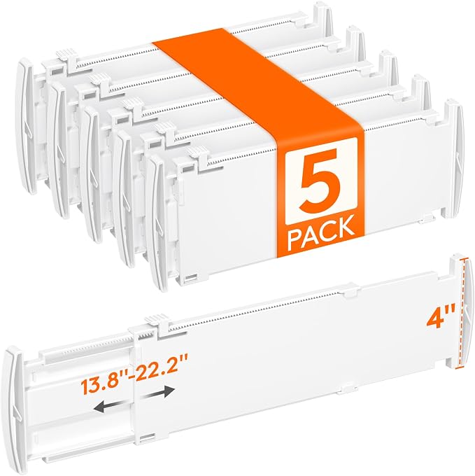Lifewit 5 Pack Drawer Dividers for Clothes, 4" High 13.8"-22.2" Expandable Dresser Drawer Organizers, Adjustable White Plastic Separators for Kitchen, Cabinet, Nursery, Socks & Underwear Storage
