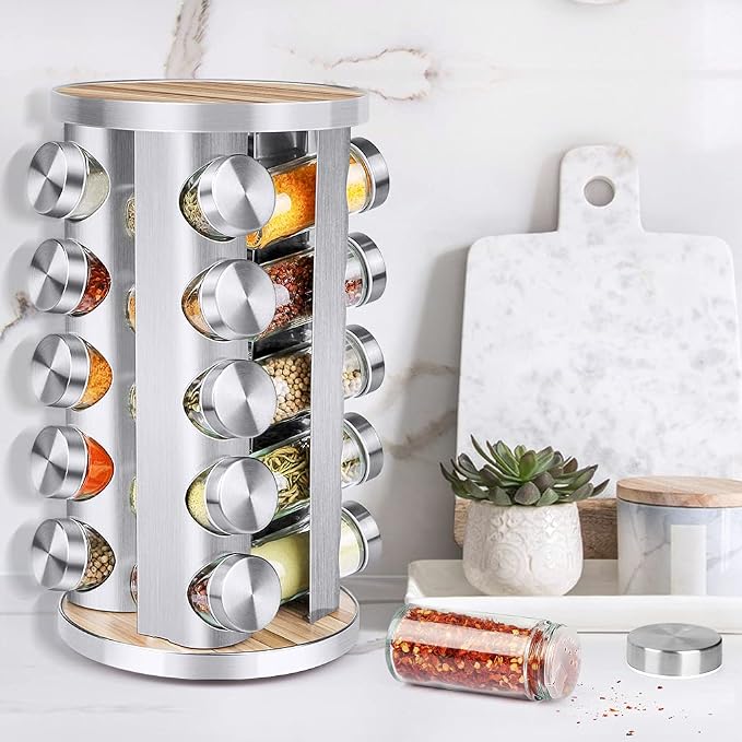 CANTAMI Spice Rack Organizer with Jars for Cabinet(20Pcs), Revolving | Stainless Steel/Wooden Countertop Rack Tower Organizer for Kitchen Pantry with Reusable Labels/Funnel/Brushes