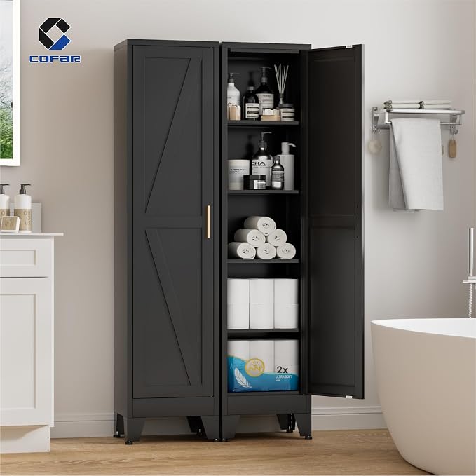 COFaR 67'' Tall Narrow Bathroom Storage Cabinet, Metal Farmhouse Skinny Pantry Cabinet with 4 Adjustable Shelves and One Door, Slim Cabinet Storage for Kitchen Garage, 5-Tier Black