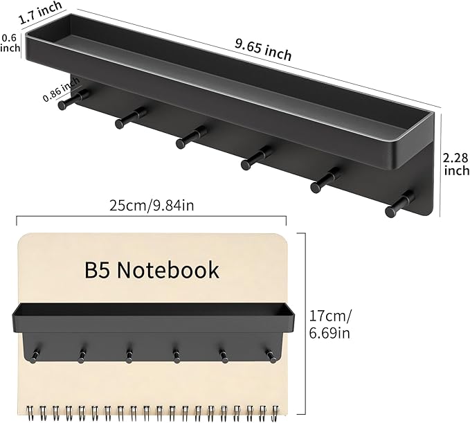 MKO Key Holder Wall Mount, Key Holder Wall Mount Adhesive with Mail Organizer Tray with 6 Key Hooks for Wall, Black | Metal Material, Key Rack with Shelf, Mail Organizer Tray for Entryway, Hallway, Living Room