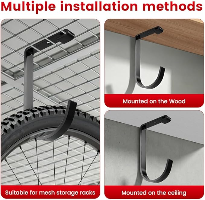 Bike Hooks for Garage Ceiling Mount Rack, Add on Storage Flat Hook, 6 Pack | Anti-Rust Overhead Garage Hooks for Wall Shelving, 60lbs Load Capacity, Tool-Free Installation