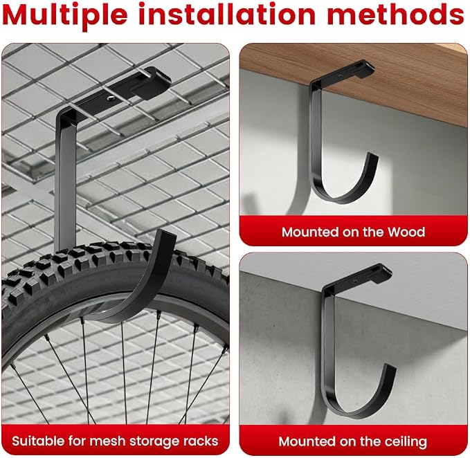 Bike Hooks for Garage Ceiling Mount Rack, Add on Storage Flat Hook, 8 Pack | Anti-Rust Overhead Garage Hooks for Wall Shelving, 60lbs Load Capacity, Tool-Free Installation
