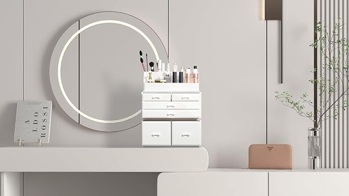 READAEER Makeup Organizer 3 Pieces Cosmetic Storage Case with 6 Drawers (White)