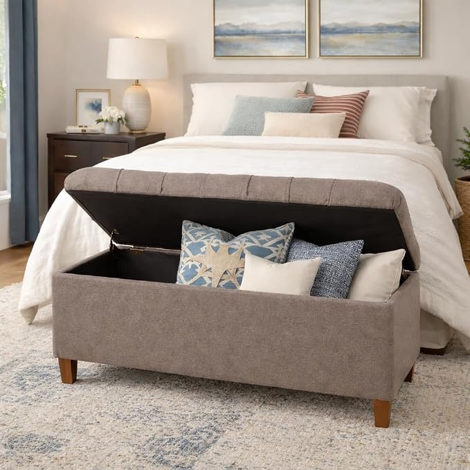 Homepop Home Decor | Tufted Ainsley Button Storage Ottoman Bench with Hinged Lid | Ottoman Bench with Storage for Living Room & Bedroom, Brown 18x40x18 inches