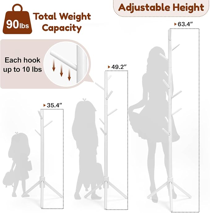 Cozivolife Kid's Coat Rack Stand: Height Adjustable with 9 Hooks (White) | Beech Wood Coats Tree for Cloth Hats and Handbags - Freestanding Child Clothes Racks for Hallway Entryway Bedroom