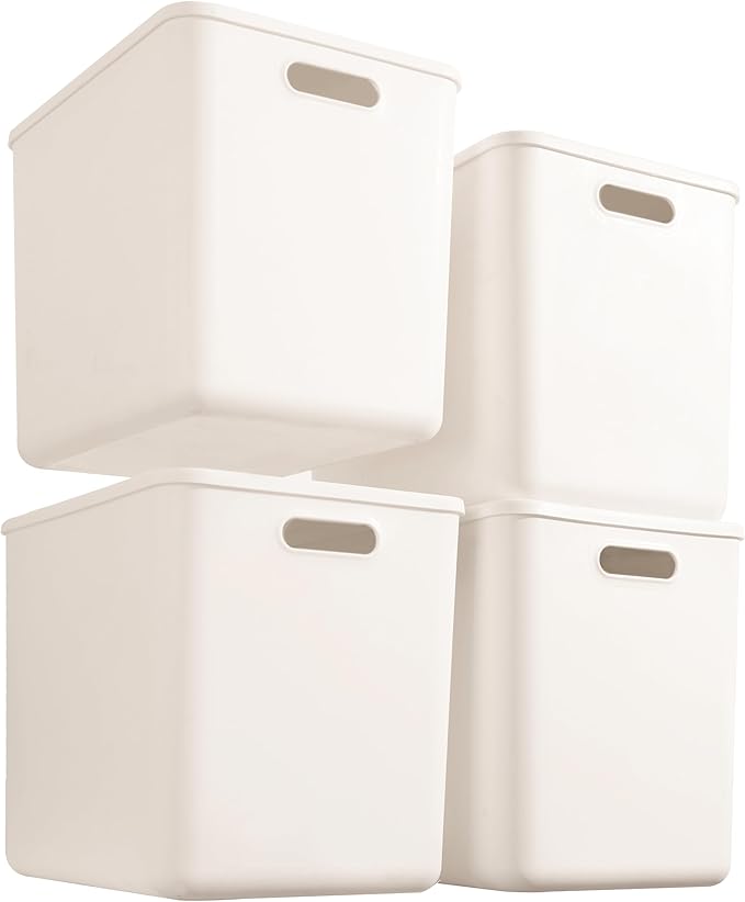 4 pack large plastic White storage bins with Lids, Toy Box Chest with Handle，Organizer Containers Baskets for Baby,Nursery，Shelves，Playroom, Bedroom，Office,Closet，home (White, 4XL)