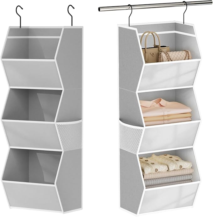 Hanging Closet Organizer 3 Shelf Collapsible Bedroom Closet Organizers and Storage Hanging with Mesh Pockets for Clothes, Fabric Hanging Storage Bins for Wardrobe Closet Organization and Storage, Grey