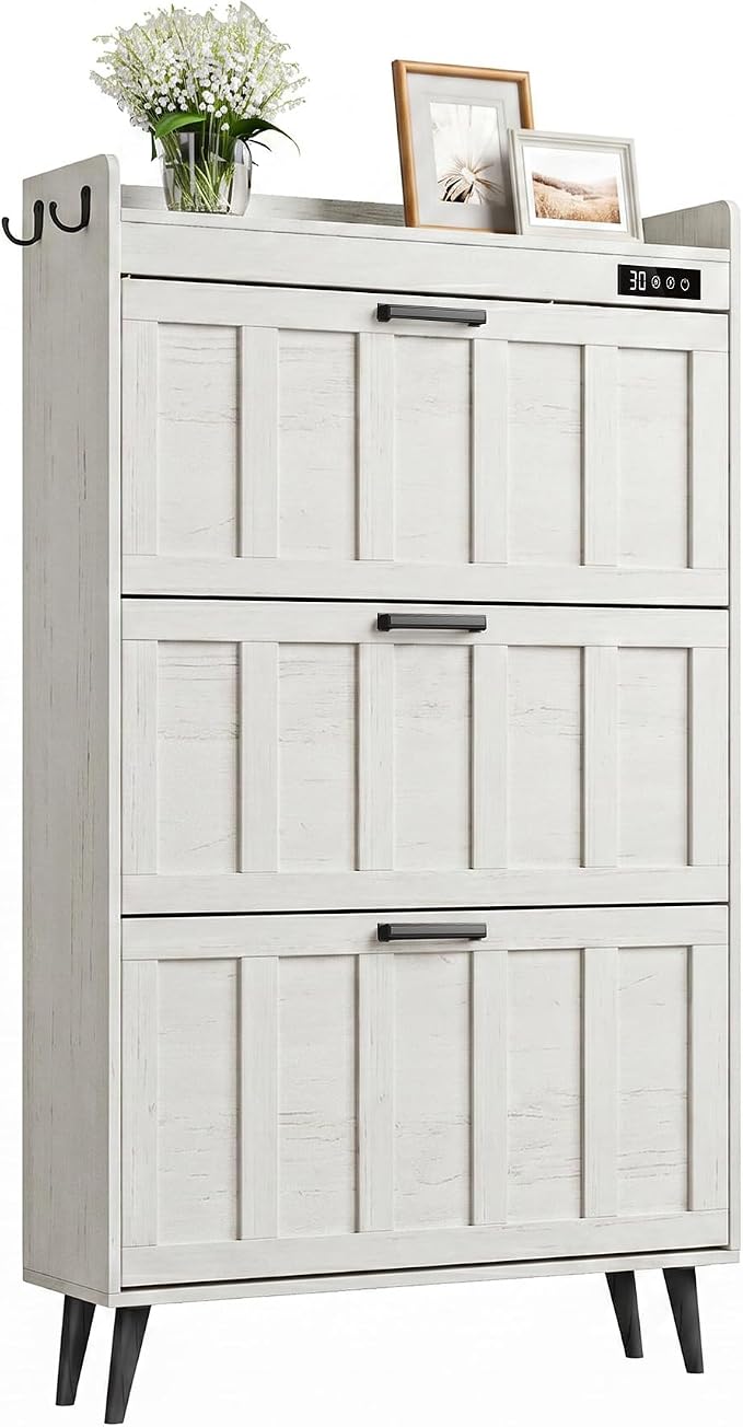 ChooChoo Shoe Storage Cabinet with 3 Flip Drawers and Deodorizer | Shoe Organizer Storage for Entryway, Freestanding Hidden Slim Narrow Shoe Rack Cabinet, Antique White
