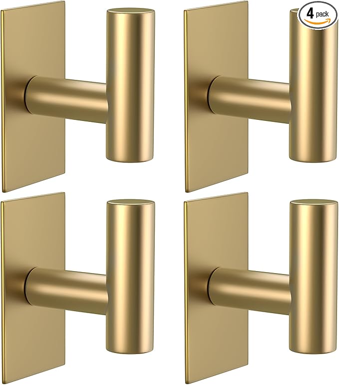VAEHOLD Wall Towel Hooks, Heavy Duty Sticky Holder Waterproof Towel Hooks for Hanging Coat, Clothes, Closet Hook Wall Mount for Kitchen (Gold, 4 Pack)