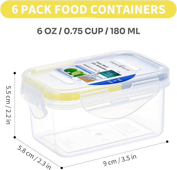 KIGI Small Plastic Food Storage Container, 6 Pack (0.76 Cup) | Ideal for Snack, Lunch & Meal Prep, BPA-Free, Rectangular,Leakproof Mini Bento box with Airtight Lids, 6 oz