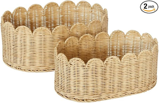 BEBE BASK Premium Scalloped Basket Set of 2 (16x10x7 In) - Storage Baskets | Handwoven Rattan, Scallop Basket, Wicker Basket With Scalloped Edge, Nursery Storage, Set of 2, Natural