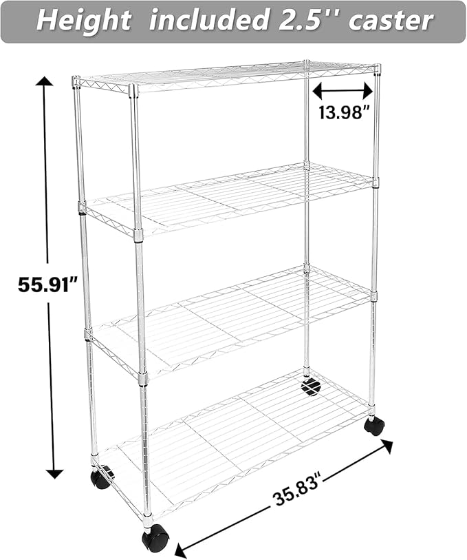 Simple Deluxe Heavy Duty 4-Tier Storage Shelving Unit, 35.83" W x 13.98" D x 55.91" H, 1000 Lbs Loading Capacity, Chrome