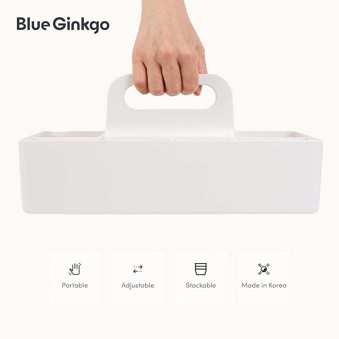 BLUE GINKGO Stackable Organizer Caddy, Long, White, Made in Korea | Portable. Adjustable. Home, Office & School Storage.