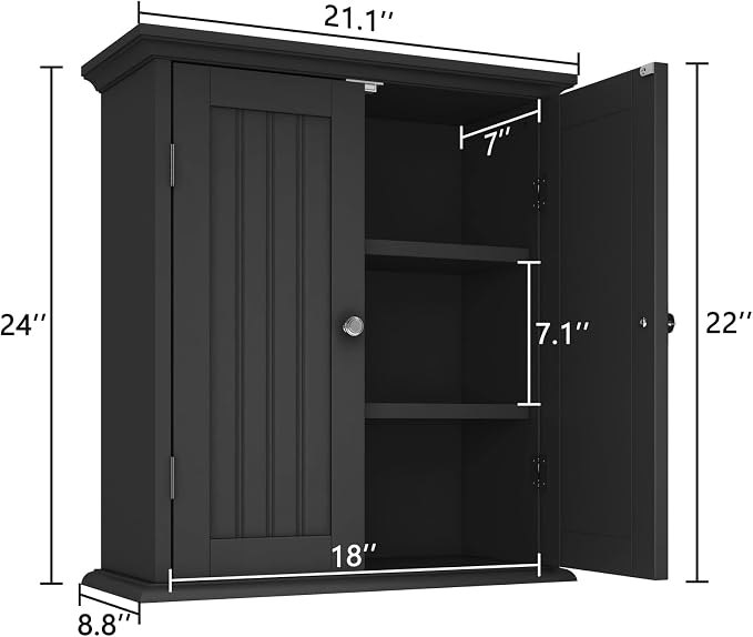 ChooChoo Bathroom Wall Cabinet with 2 Doors, Over The Toilet | 8.8"D x 21.1"W x 24"H, Medicine Cabinet, Adjustable Shelves, Cupboard, Black