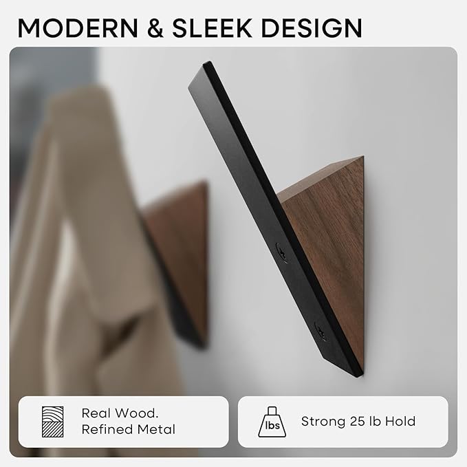 Walnut Wood Coat Hooks, High End Walnut Wood & Black Metal Wall Mounted Coat Hooks, Mid-Century Modern Clothes Hooks, Heavy Duty Wooden Hooks for Hanging Coats, Hats, Towels & More, Set of 4