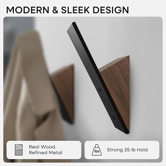 Walnut Wood Coat Hooks, High End Walnut Wood & Black Metal Wall Mounted Coat Hooks, Mid-Century Modern Clothes Hooks, Heavy Duty Wooden Hooks for Hanging Coats, Hats, Towels & More, Set of 6