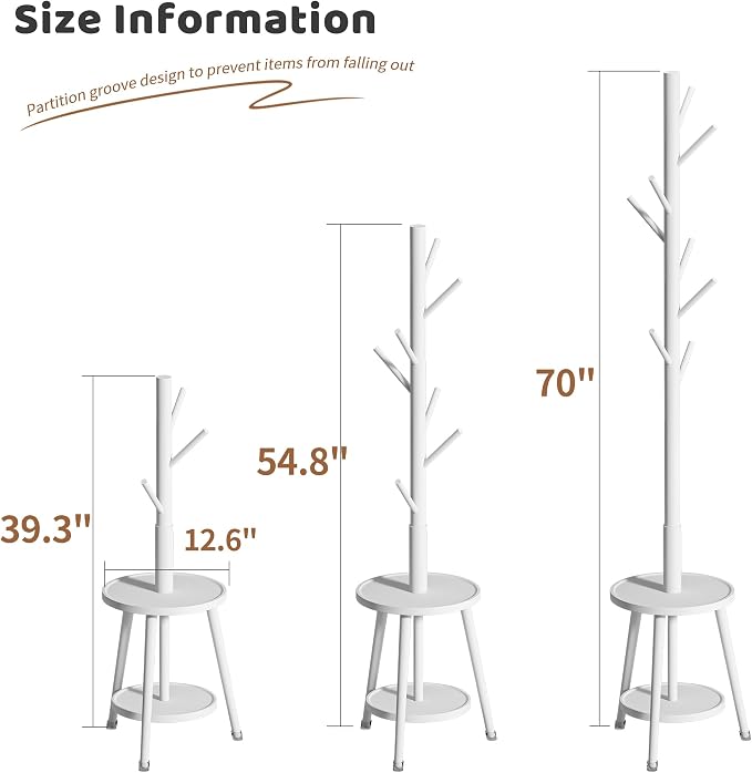Freestanding Coat Rack with Umbrella Organizer Tray Bamboo Coat Tree Rack with 8 Hook Stand for Clothes Bag Hats Entryway Hanger Stand (Umbrella Tray, White)