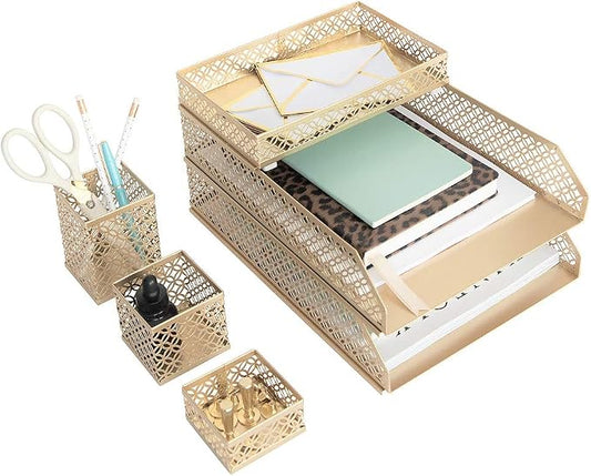 BLU MONACO | Gold Desk Organizer Set for Women 6 Piece | Mail Sorter Organizer Countertop with Letter Sorter for Desk | Steel Desktop Organizer with Mesh Pen Holders