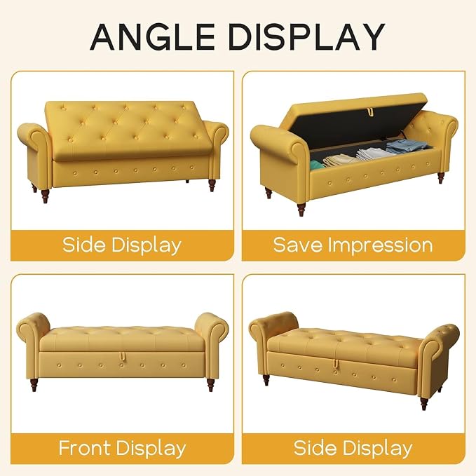NIOIIKIT 63'' Storage Ottoman Bench, Tufted Entryway Bench Yellow Polyester | Button Tufted End of Bed, Large Storage Space, Rolled Armed Ottoman Couch Long Bench for Bedroom, Living Room, Hallway
