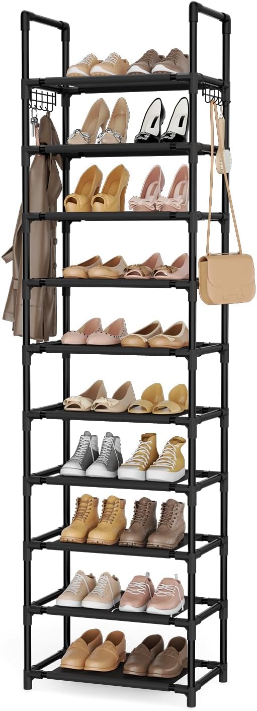 LANTEFUL 10 Tiers Shoe Rack 25 Pairs Large Capacity Tall Shoe Organizer Sturdy Shoe Storage with Two Hooks Space Saving Metal Narrow Shoe Rack for Closet, Entryway, Bedroom, Black