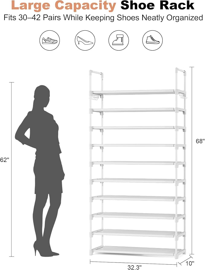 LANTEFUL Upgraded Shoe Rack for Closet Large Capacity 10 Tier Shoe Storage Holds 40–50 Pairs Sturdy Shoe Organizer with 10 Hooks for Entryway, Bedroom, Garage, White
